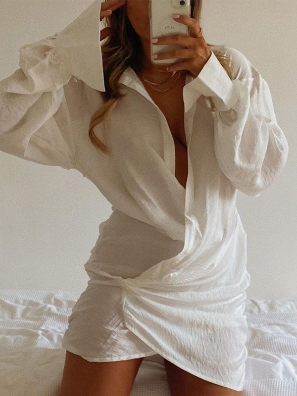 Long sleeve white shirt deep V women's dress