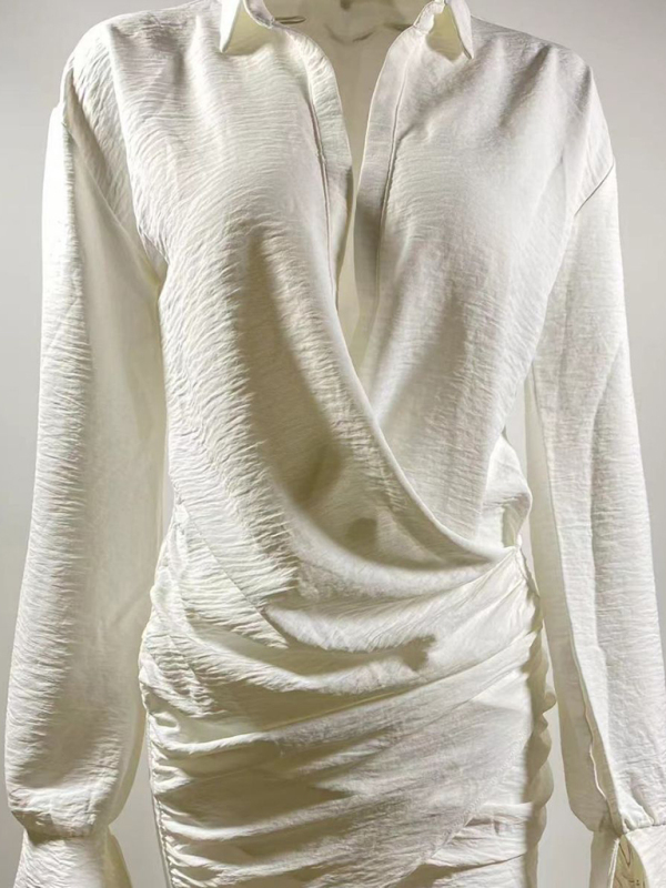 Long sleeve white shirt deep V women's dress - Image 3