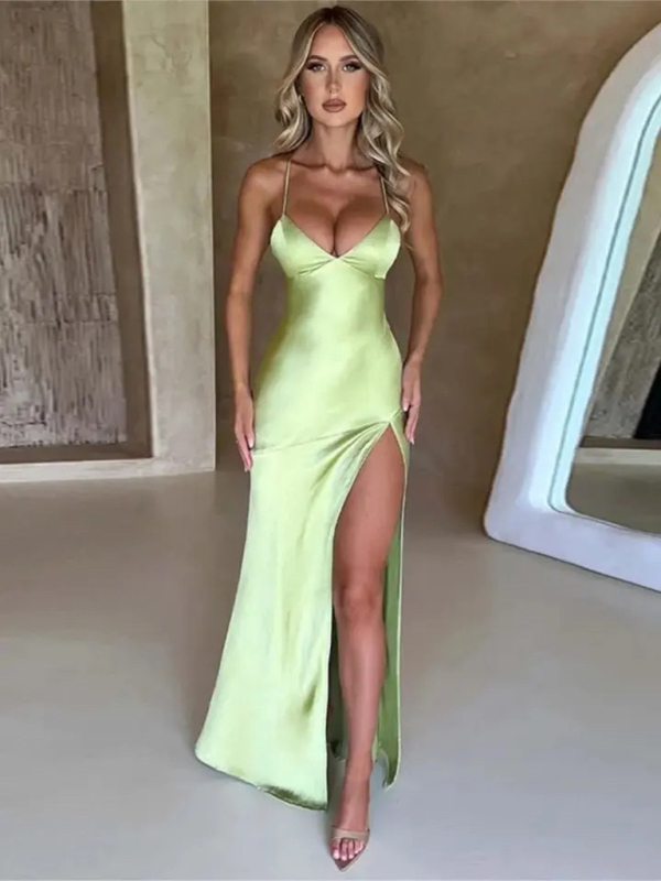 Women's suspender V-neck satin slit sexy backless long dress - Image 2