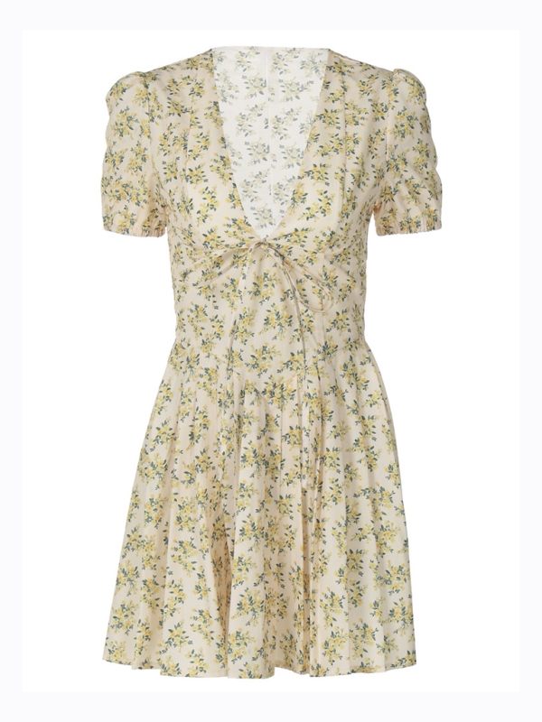 Deep V Slim Waist Short Sleeve Pleated Floral Dress - Image 3