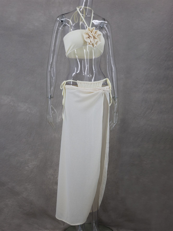 Sleeveless tube top halter collar knitted slit with high waist skirt three-piece suit - Image 4