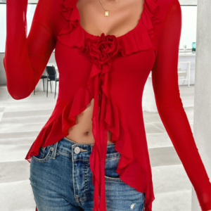 U-neck lace mesh long-sleeved top