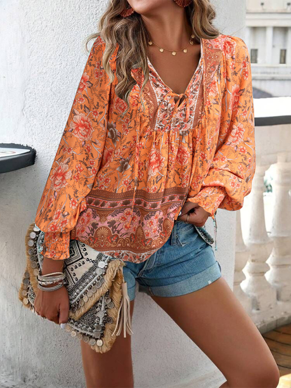 New casual printed v-neck long-sleeved top - Image 4
