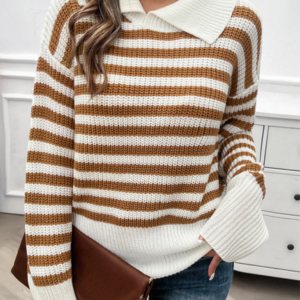 Women's Casual Loose Lapel Striped Long Sleeve Sweater