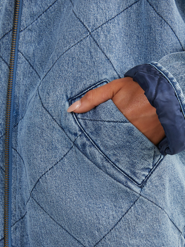 Denim Quilted Cotton Thick Lapel Loose Double Pocket Jacket - Image 2