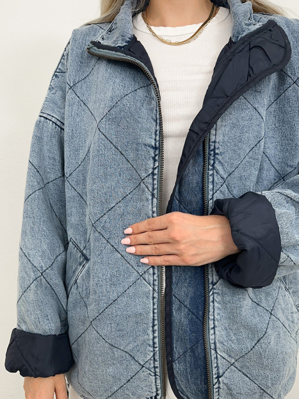 Denim Quilted Cotton Thick Lapel Loose Double Pocket Jacket - Image 3