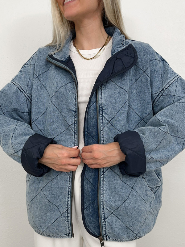 Denim Quilted Cotton Thick Lapel Loose Double Pocket Jacket - Image 4