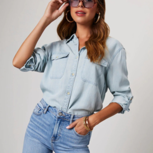 Casual lapel single-breasted long-sleeved denim shirt