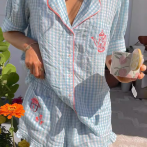 Simple plaid teapot embroidery home wear pajamas set
