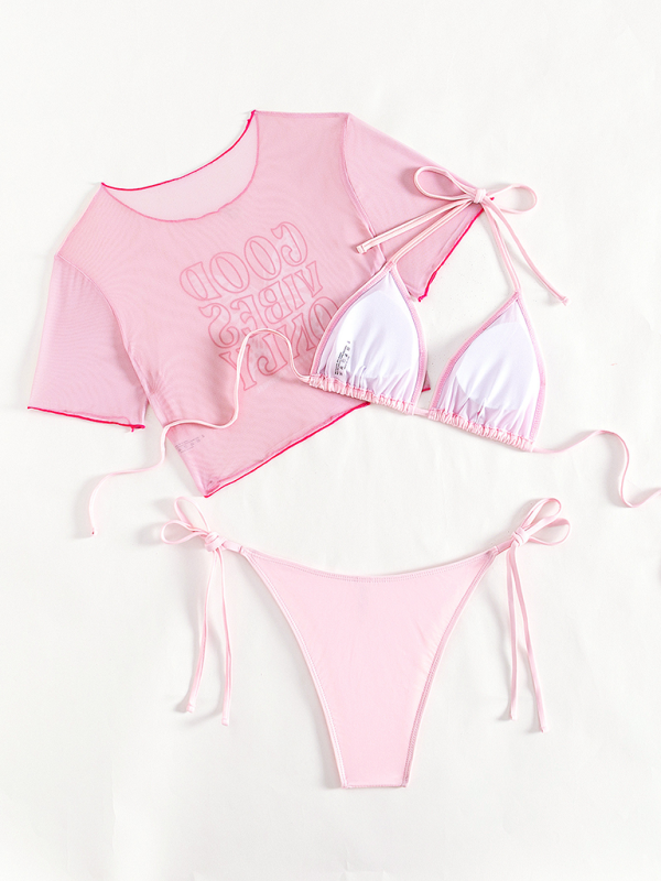 Good vibes only Bikini Swimsuit Pink Cute Three-piece Swimsuit - Image 2