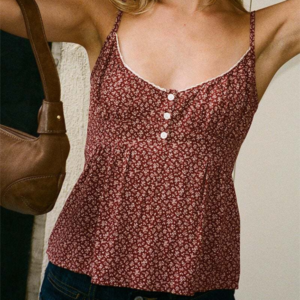 Aston Sienna Vintage Rose Floral Multicolour Three-Button Camisole Lace Collar Top