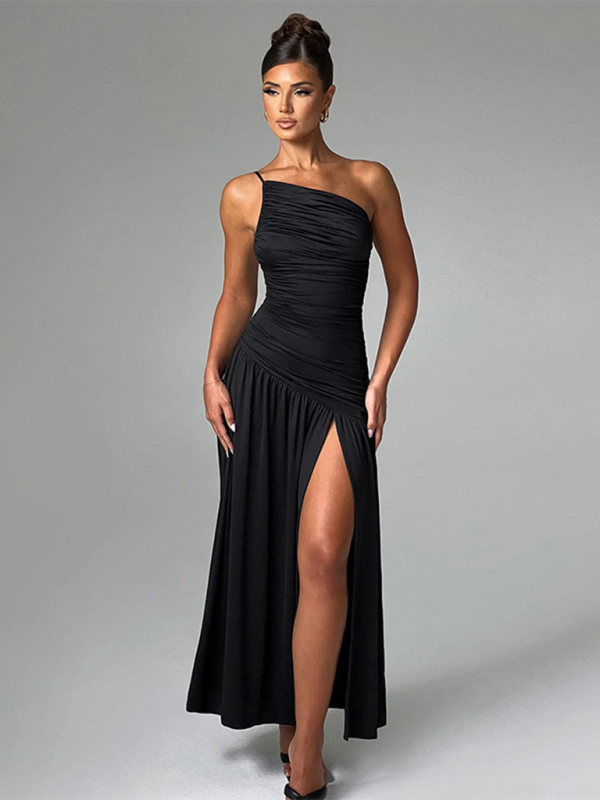 Strapless off-shoulder gathered slit A-line dress - Image 2