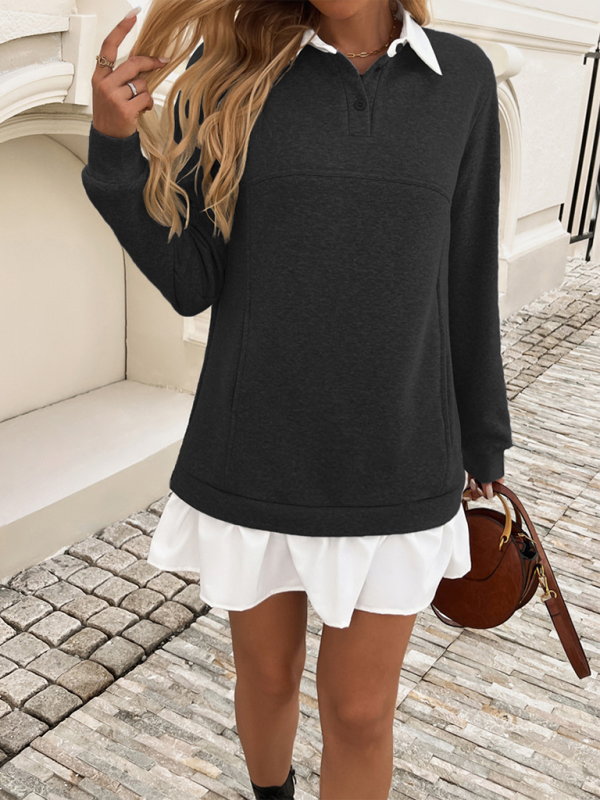 Women's Casual Loose Pocket Patchwork Polo Neck Sweatshirt Dresses - Image 6