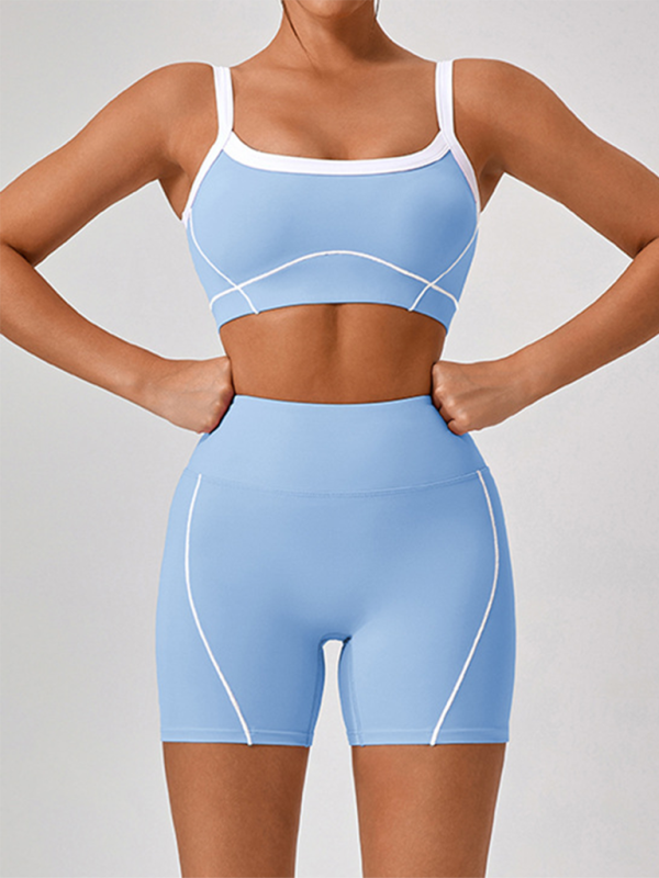 Skinny outdoor sports spaghetti strap contrast color suspender bra + shorts Yoga suit - Image 17