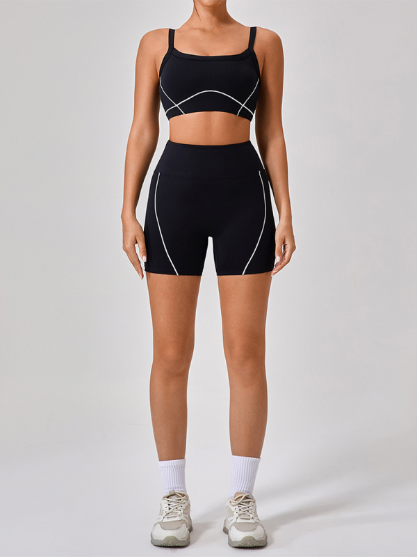 Skinny outdoor sports spaghetti strap contrast color suspender bra + shorts Yoga suit - Image 3