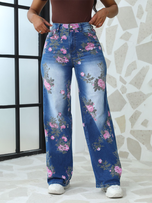 Floral Printed Wide Leg Jeans - Image 4
