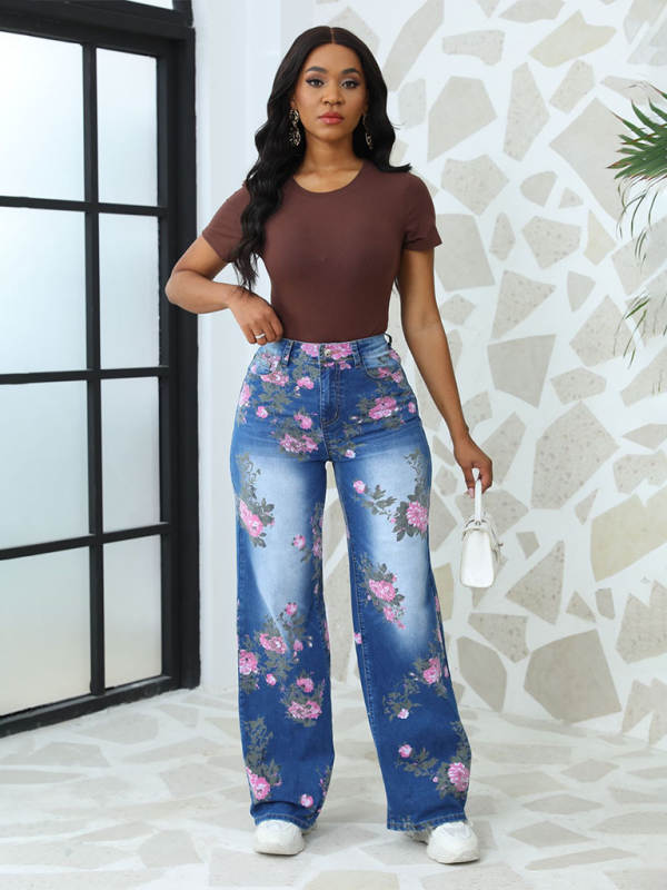 Floral Printed Wide Leg Jeans - Image 5