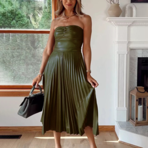 New style tube top pleated leather dress