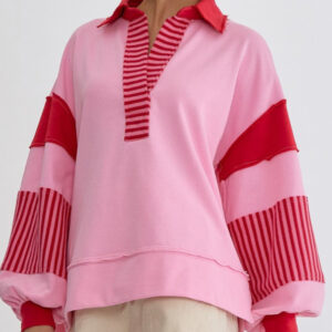 Women's Sweatshirt OversizedPolo Neck Striped Colorblocking Top