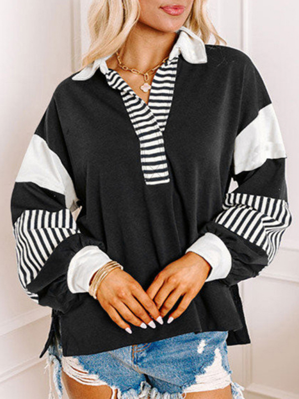 Women's Sweatshirt OversizedPolo Neck Striped Colorblocking Top - Image 7