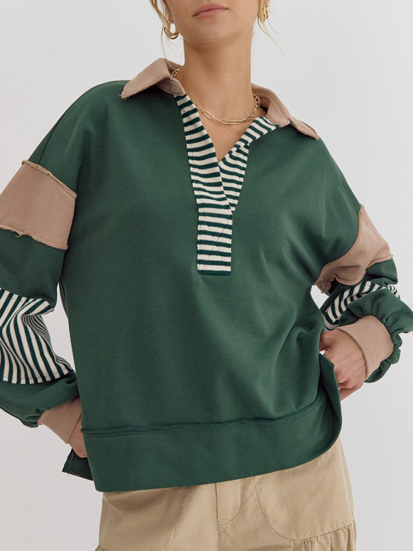 Women's Sweatshirt OversizedPolo Neck Striped Colorblocking Top - Image 2