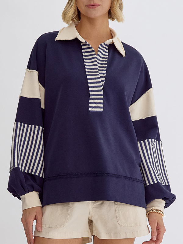 Women's Sweatshirt OversizedPolo Neck Striped Colorblocking Top - Image 3