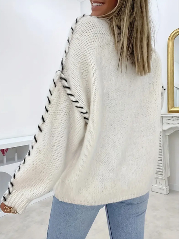 Women's Fashion Pullover Solid Color Round Neck Long Sleeve Drawstring Loose Knitted Sweater - Image 6