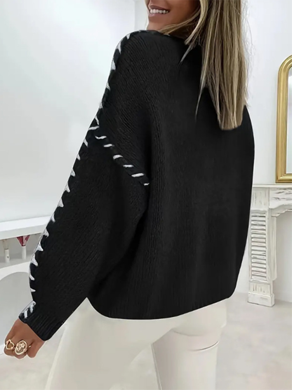 Women's Fashion Pullover Solid Color Round Neck Long Sleeve Drawstring Loose Knitted Sweater - Image 8