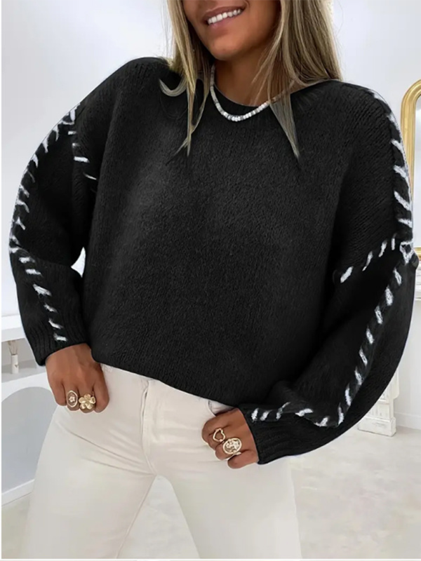 Women's Fashion Pullover Solid Color Round Neck Long Sleeve Drawstring Loose Knitted Sweater - Image 4