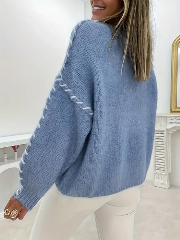 Women's Fashion Pullover Solid Color Round Neck Long Sleeve Drawstring Loose Knitted Sweater - Image 10