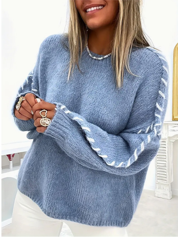 Women's Fashion Pullover Solid Color Round Neck Long Sleeve Drawstring Loose Knitted Sweater - Image 11