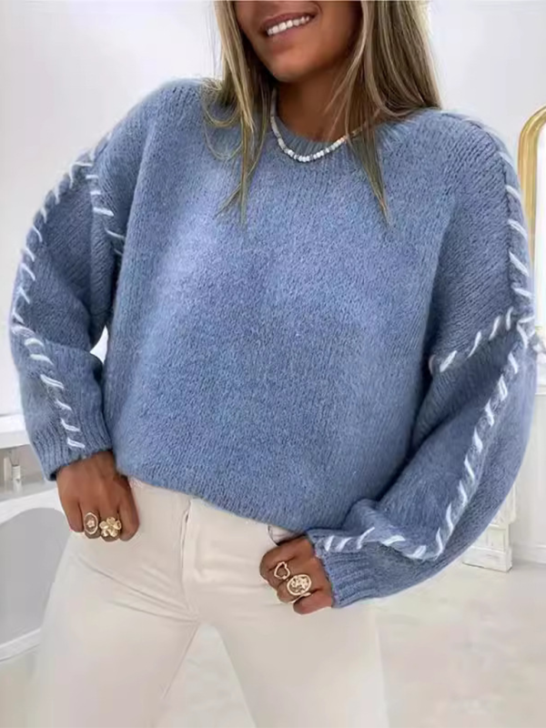 Women's Fashion Pullover Solid Color Round Neck Long Sleeve Drawstring Loose Knitted Sweater - Image 5