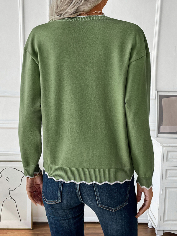 New round neck casual pullover sweater zipper contrast color edge knitted sweater - Image 3