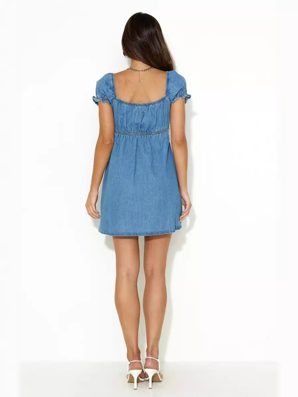 Women's Denim Dress with Puff Sleeves - Image 5