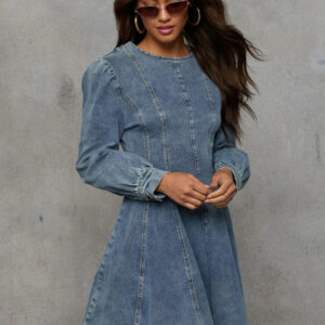 Patchwork waist women's denim long sleeve dress