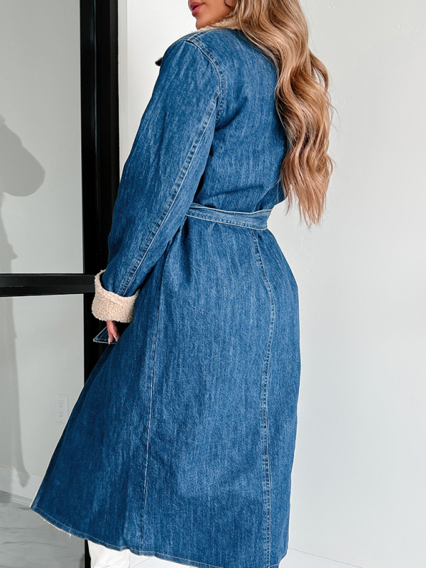 Women's Lambswool Lapel Quilted Denim Coat - Image 3