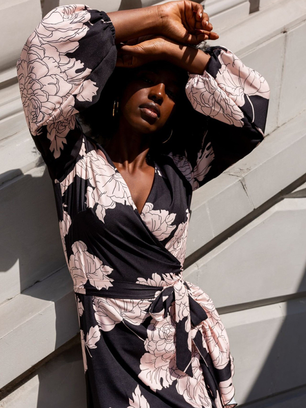 Women's V-neck long-sleeved printed irregular dress - Image 6