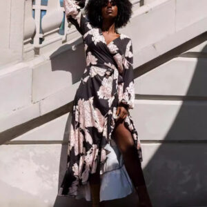 Women's V-neck long-sleeved printed irregular dress