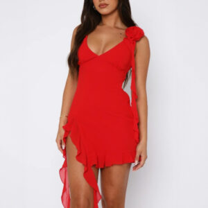 V strap sexy slim fit floral decorated wave edge dress