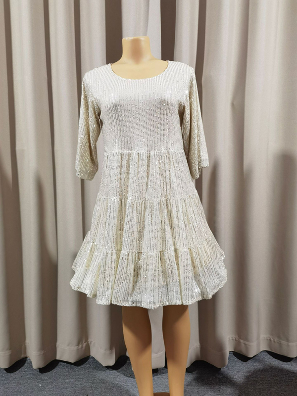 Women's Loose Waist Short Sleeve Short Skirt Sequined Dress - Image 10