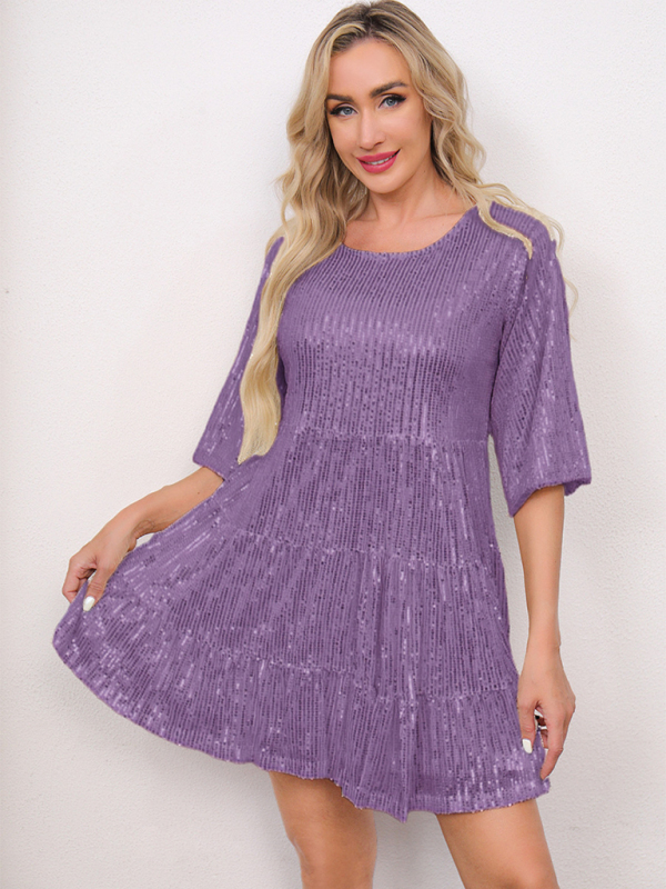 Women's Loose Waist Short Sleeve Short Skirt Sequined Dress - Image 4