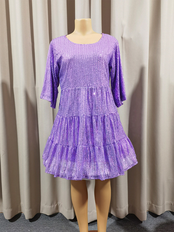 Women's Loose Waist Short Sleeve Short Skirt Sequined Dress - Image 13