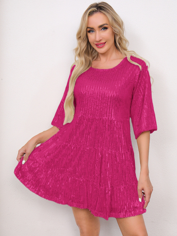 Women's Loose Waist Short Sleeve Short Skirt Sequined Dress - Image 7