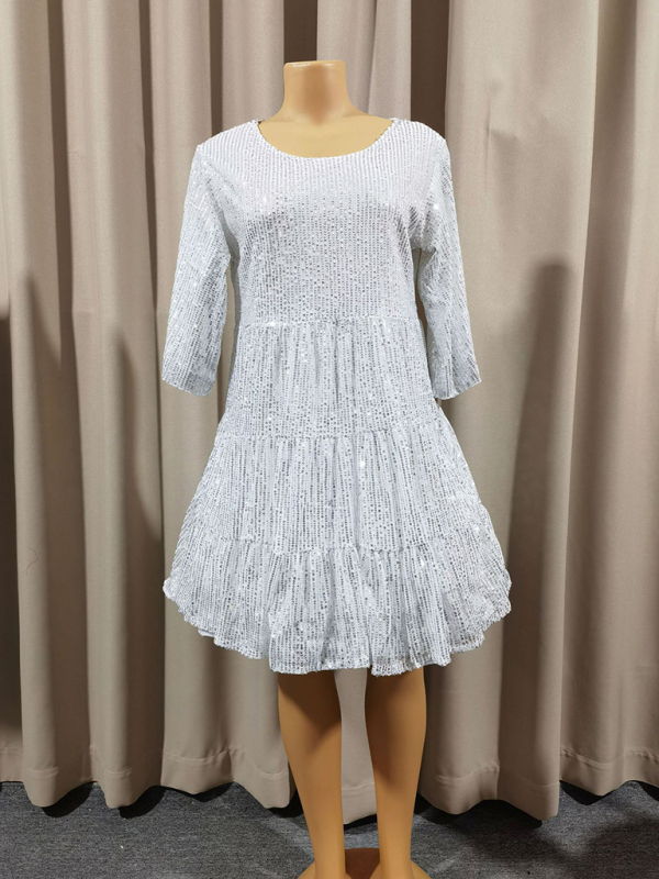 Women's Loose Waist Short Sleeve Short Skirt Sequined Dress - Image 9