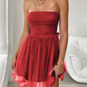 Strapless mesh evening gown short dress