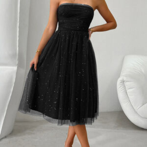 Strapless high waist mesh midi evening dress