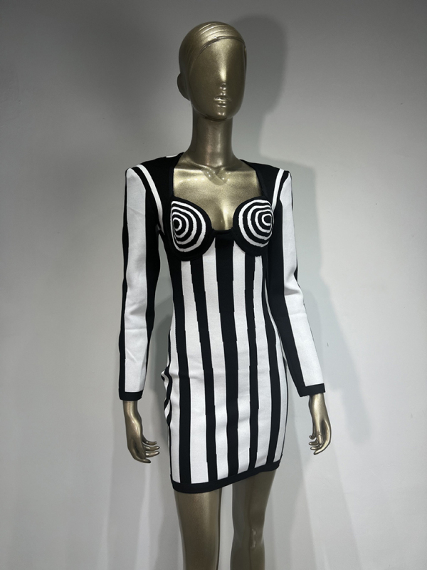 Black and White Vertical Striped Bandage Dress Party Dress - Image 4