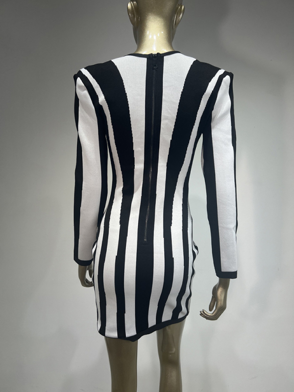 Black and White Vertical Striped Bandage Dress Party Dress - Image 3