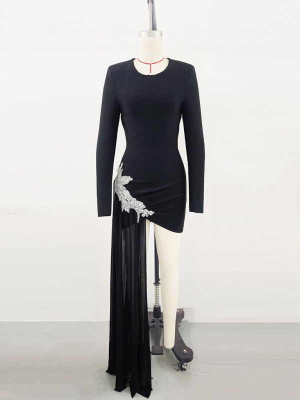 New Black Diamond Flower Long Sleeve Evening Dress Party Sexy Dress - Image 4