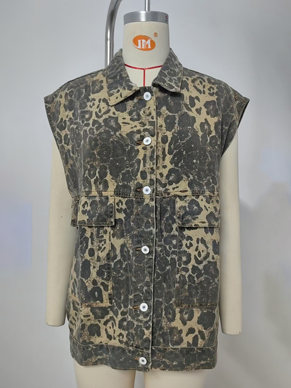 Washed denim new loose leopard print vest waistcoat - Image 2